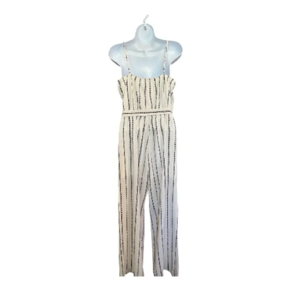 EUC One Clothing ivory & brown striped wide leg jumpsuit w/ belt | size large - Picture 7 of 12